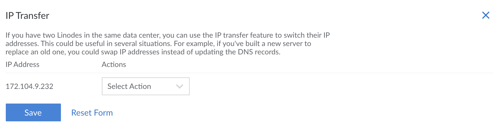 The IP Transfer menu in the Cloud Manager