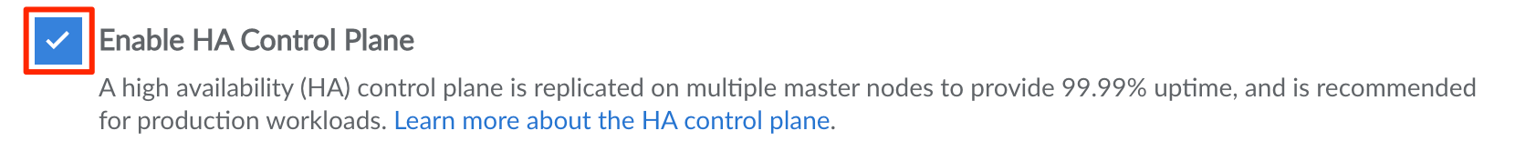 Screenshot of the Enable HA toggle during cluster creation
